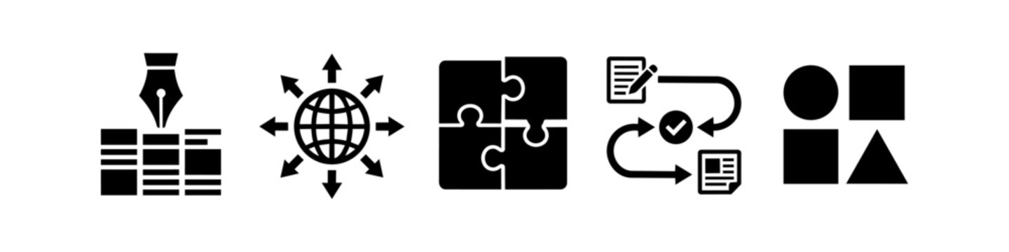 Set of five black business and workflow icons featuring global connectivity, puzzle solutions, content creation, process approval, and structural building blocks for corporate strategy design.