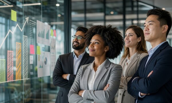 Diverse group of business professionals standing in front of a glass wall with graphs and charts