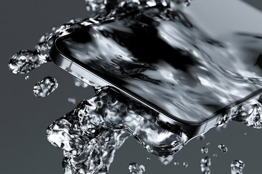 Photorealistic CGI product photography of a sleek smartphone partially submerged in water, showcasing reflections and water splashes around the device
