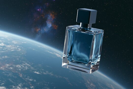 Photorealistic CGI product photography of an elegant perfume bottle floating in space above Earth with a starry background and cosmic elements visible