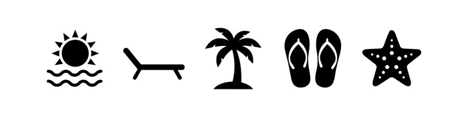Collection of minimalist black summer beach icons including a sun, lounge chair, palm tree, flip-flops, and starfish. Clean vector graphic design elements for travel, holiday, and vacation themes. © Nort Kor