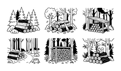 Fototapeta premium Forest Woodpile Vector Illustrations: Stacked Logs, Timber Storage, Nature Scenes