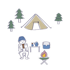 Naklejka premium ソロキャンプを楽しむ男性キャンパーの手書きイラスト