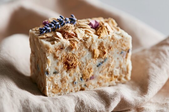 Close up of handmade raw soap bar with visible natural ingredients including dried flowers and lavender on a soft fabric background