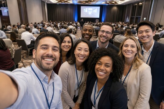 Group of diverse business professionals taking a selfie at a conference.