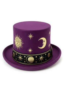 Purple Wizard Top Hat with Gold Sun Moon and Stars Celestial Design Isolated on White Background