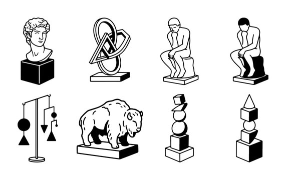 Sculpture Icons Set: Classical Bust, Abstract Art, Thinker, Buffalo, Geometric Stacks, Mobile