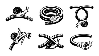 Snail Garden Hose Icons: Watering, Flow, and Irrigation Concepts, Black and White Vector Set © Maruf