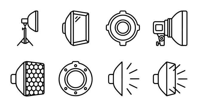 Photography Lighting Equipment Icons, Studio Flash Gear Set, Professional Camera Light Symbols