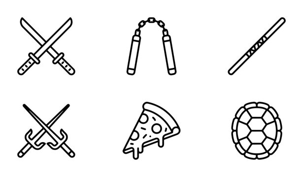 Ninja Weapons, Pizza Slice, Turtle Shell Icons: Martial Arts, Combat, Food, Reptile Vector Set