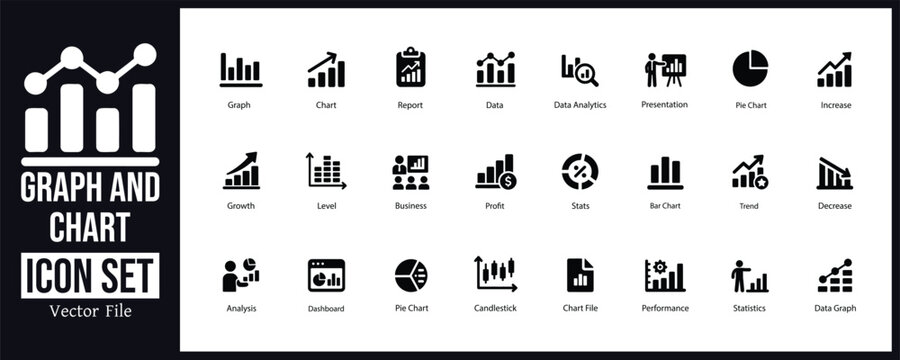 Graph and Chart Analytics Solid Glyph Icon Set for Business Data Visualization and Reporting