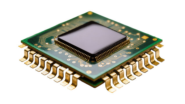 Integrated circuit chip with gold pins and green circuit board