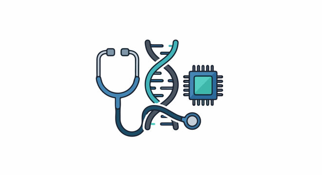 Stylized icons of a stethoscope, DNA strand, and computer chip form a cohesive health-tech representation