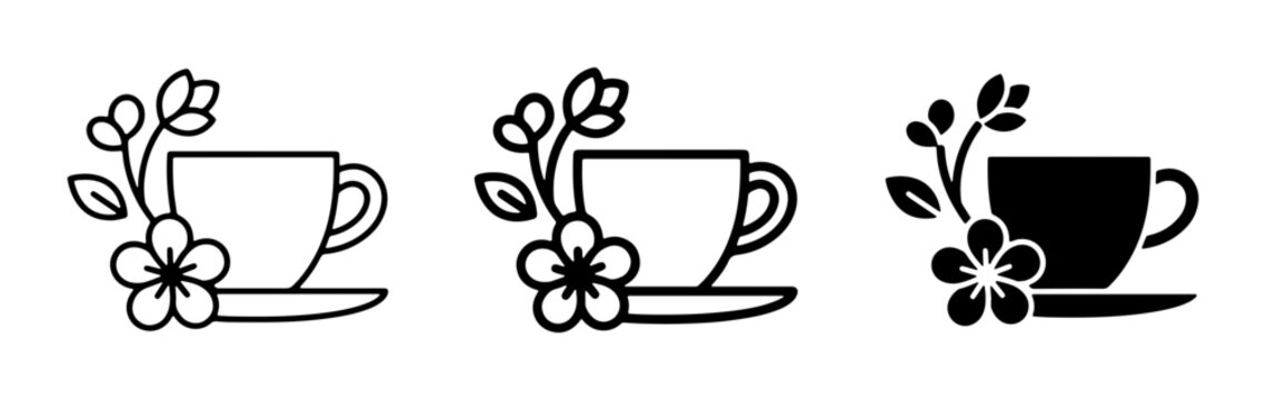 Floral Coffee Cup Icons, Beverage Set, Tea Time Design Elements, Black and White Graphics