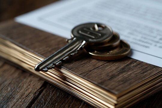 Key and euro coins on contract document for property ownership