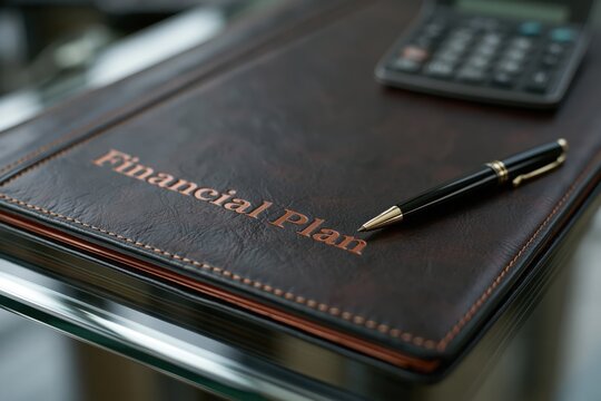 Financial Plan folder with pen and calculator on glass table