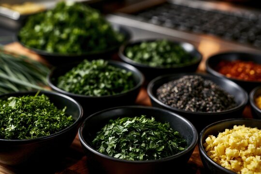 Chopped fresh herbs and spices in black bowls
