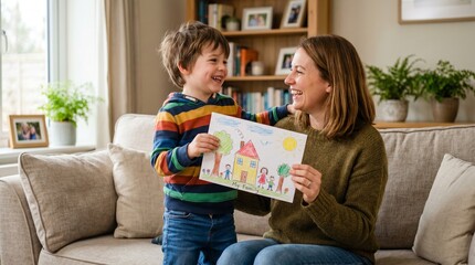Naklejka premium Joyful mother and son share a happy moment as he proudly presents his colorful drawing of their family and home