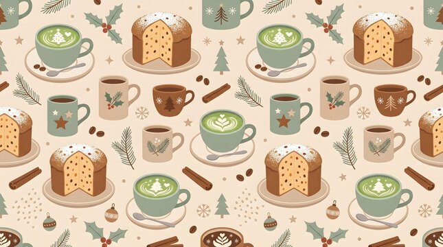 Cozy Christmas Coffee and Panettone Seamless Pattern with Festive Winter Treats