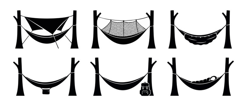 Hammock camping silhouette icon set featuring different gear setups like tarp rain shelters, mesh bug nets, sleeping bags, underquilts, and backpacks, perfect for outdoor adventure graphic designs.