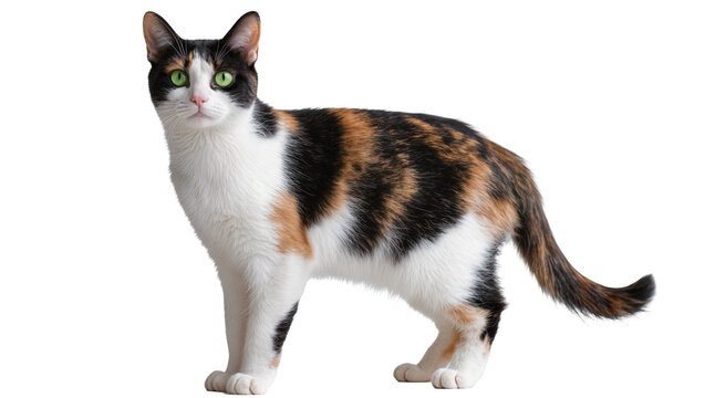 Calico cat with green eyes standing