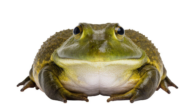 Large green bullfrog with bulging eyes and textured skin