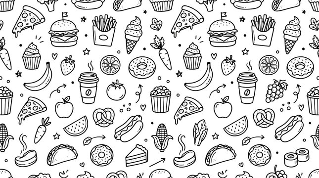 Seamless food wallpaper pattern with hand drawn line art snacks and fast food vector illustration background design
