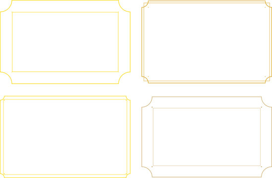 Set of elegant golden and yellow border frames with decorative corners for design elements, certificates, labels, or invitations. Vector