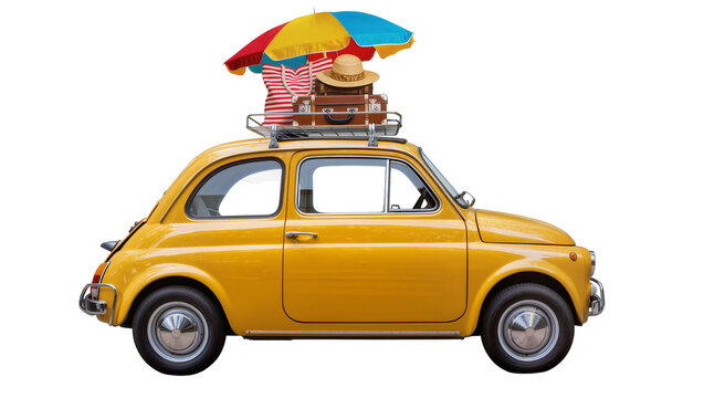 Yellow vintage car loaded with luggage and beach umbrella for vacation