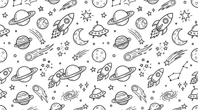 Cute space doodle seamless pattern with planets rockets stars moon hand drawn sketch vector illustration for kids background design
