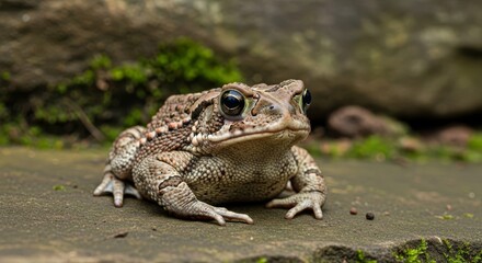 Obraz premium A detailed brown and grey mottled toad sitting on a textured rock surface in its natural habitat
