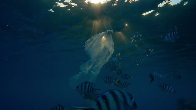 Group of curious Indo-Pacific sergeants swim close to ripped translucent plastic bag that looks like jellyfish, taste it under first rays of rising sun (golden hour), in backlighting.