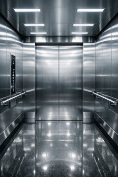 Modern stainless steel hospital elevator interior with reflective surfaces, bright lighting and clean architectural symmetry