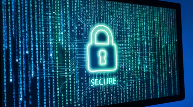 A glowing padlock icon on a digital screen with binary code background.