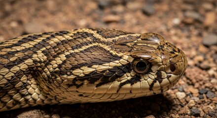 Fototapeta premium Intricate Scales of a Snake's Head Captured in Close-Up Detail Amidst Natural Earthy Surroundings