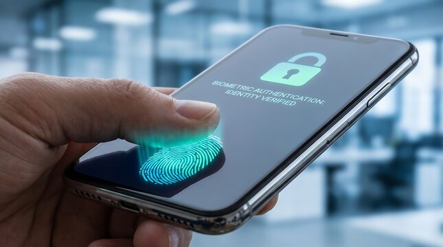A hand holding a smartphone with biometric authentication identity verified.