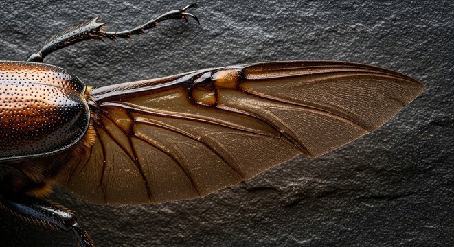 Intricate insect wing veins displayed in extreme macro detail against a dark, textured stone surface