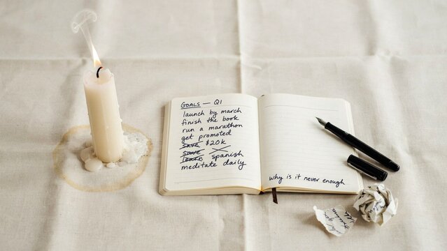 Open journal with handwritten notes beside a candle and pen in a calm minimalist setting. Concept of journaling, mindfulness, reflection, creativity and intentional living.