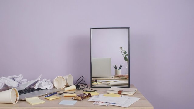 Minimalist workspace with a mirror, stationery and creative materials on a desk. Concept of creativity, self-reflection, design process, organization and inspiration.