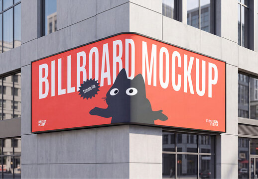 Corner Building Curved Outdoor Billboard Mockup