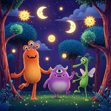 Whimsical, fluffy monsters dancing joyfully under a starry, moonlit night