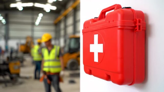 A bright red first aid kit with a white cross sits near a blurred industrial construction site