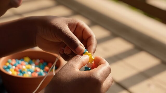 Child with dark skin threading colorful star-shaped beads onto a string, surrounded by a bowl of assorted beads on a wooden surface in bright sunlight
