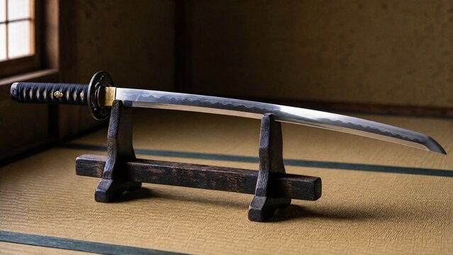 Japanese katana resting on a dark wooden stand with soft window light.
