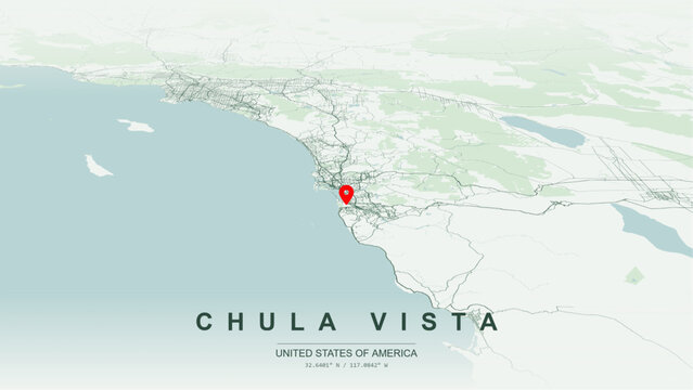 Modern minimalist vector map of Chula Vista, California, USA. High-quality scalable illustration of Chula Vista city grid, San Diego Bay waterfront contours, Interstate 5, I-805 for posters design.
