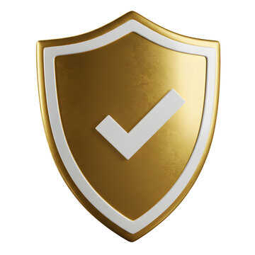 Premium golden security shield with white checkmark icon representing protection and verified safety on white background