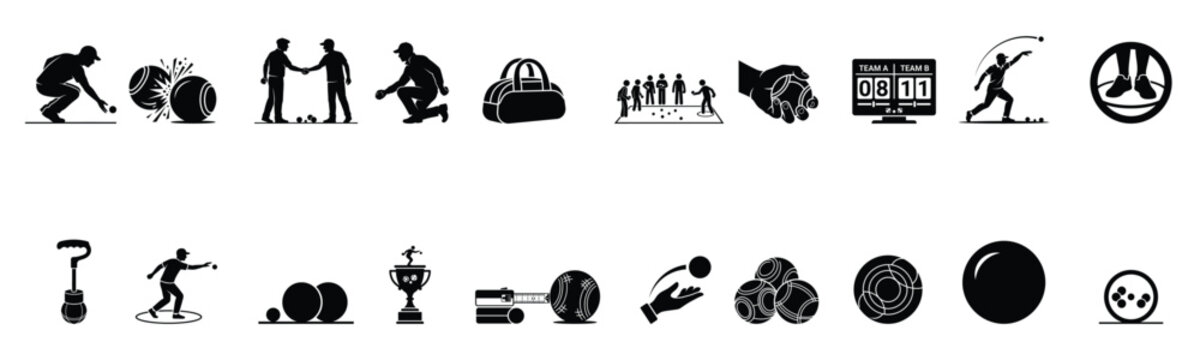 Petanque Sport Icon Set with Players Boules Balls Scoreboard Trophy Equipment and Tournament Symbols Vector Illustration
