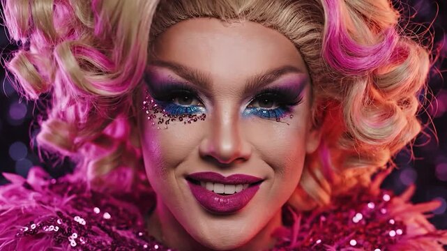 Glamorous drag queen with blonde curls and glitter makeup wearing a feathered outfit against pink bokeh lights