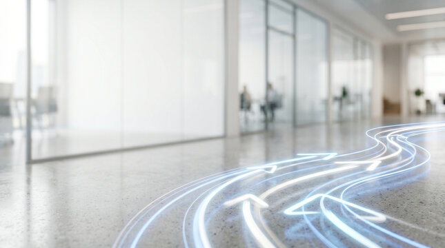 Same day delivery abstract concept with glowing blue speed lines in modern office corridor copy space