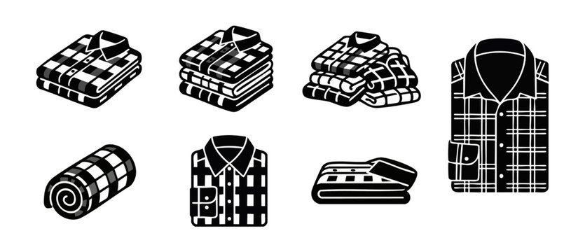 Folded plaid flannel shirt icons set for clothing store catalog design. Graphic vector signs of folded apparel, laundry service symbols, and wardrobe organization elements in black and white formats.